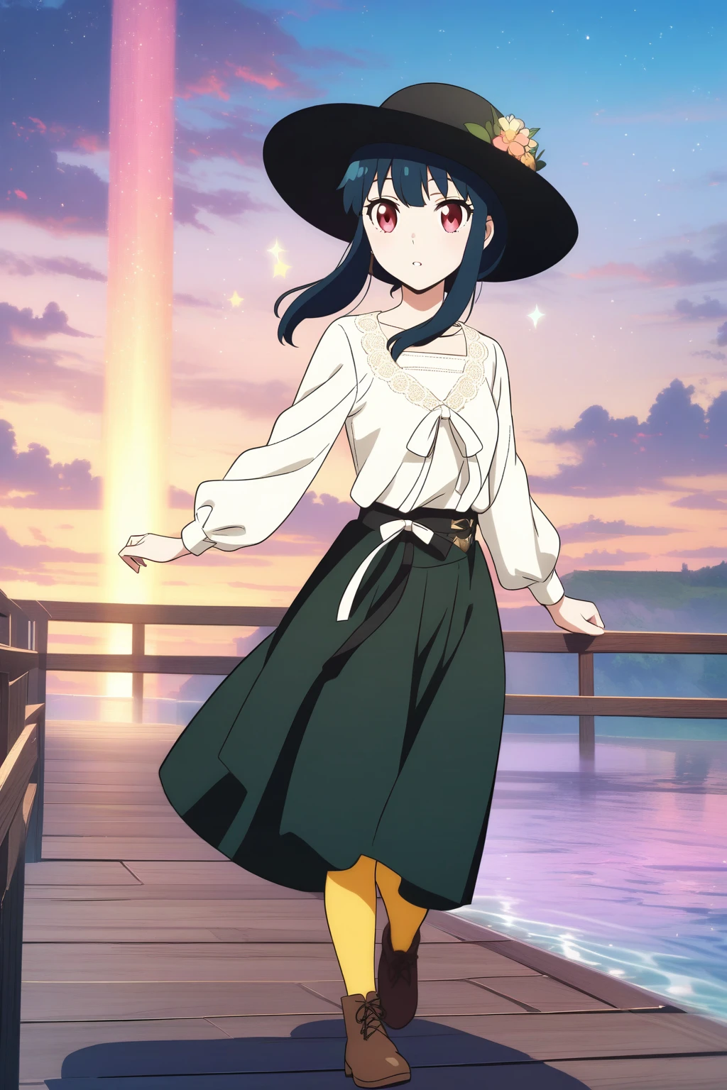 This is an illustration in anime style. The central figure is a young female character. She is dressed in a white blouse paired with a black skirt, complemented by yellow tights and brown ankle boots. Her hair is long and black, and she wears a dark-colored hat. The character seems to be carefully walking on a wooden platform, with the vast expanse of water beneath her reflecting the colors of the sky. The background features a breathtaking sky that transitions from pink to blue, dotted with specks that resemble stars, creating a dreamy atmosphere. The entire scene exudes tranquility and mystery, with the female character's expression hidden but her posture conveying a sense of exploring the unknown.

The theme of this painting might be about exploration, dreams, and harmony with nature. Through vivid color contrasts and lighting effects, the image creates a serene yet hopeful mood.