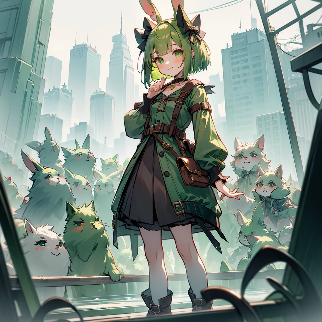 (long Green rabbit ears), green animal ears, (1 girl), green hair, green eyes, bob cut, thin eyebrows, smiling, young, alone, ****ta, childhood, short, blouse, coat,choker, long boots, red hood, harness, fingerless globe, belt, waist pouch, in the city, cafe, tiny, baby face