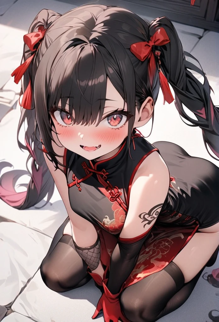 ((Karyl wearing a sleeveless chinese red cheongsam with detached long elegant sleeves)), cat ears, blush ,1 male, nsfw, ahegao face, cum in pussy, sex, missionary, pov, (legs up), holding her legs,