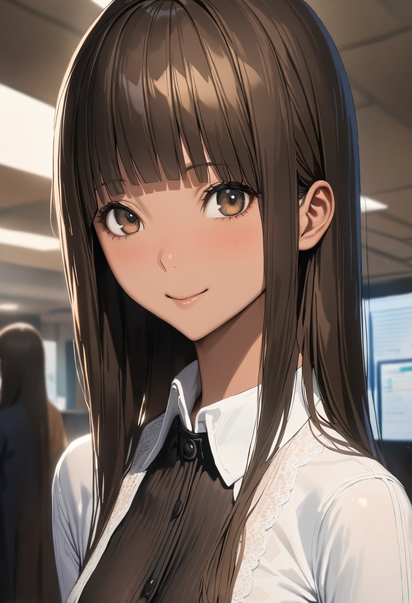 Anime girl with long brown hair and white shirt in office - SeaArt AI