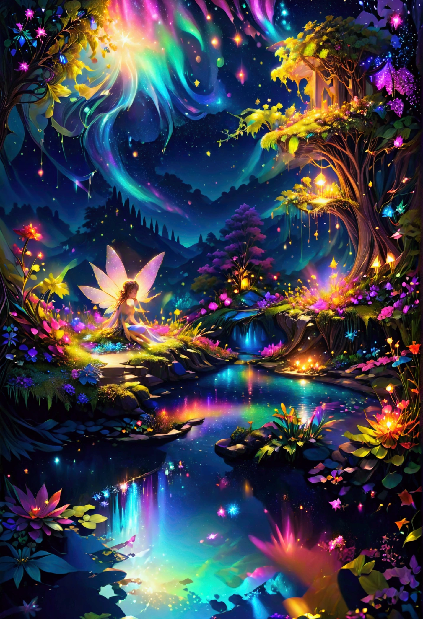 digital illustration, nighttime landscape, shimmering stars, glimmering, fairy pond, fantasy land, fantasy, vivid hues, rich tones 