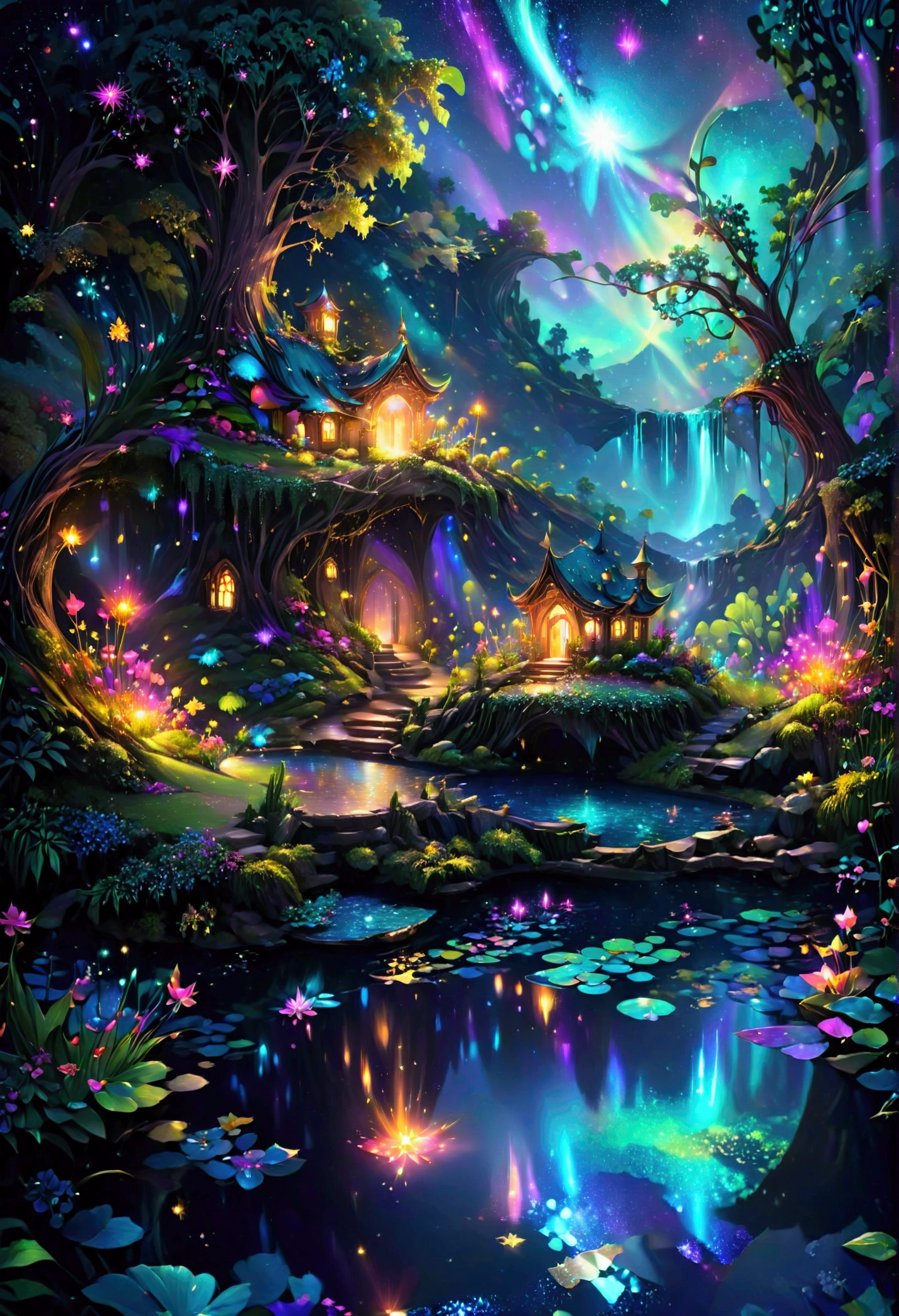 digital illustration, nighttime landscape, shimmering stars, glimmering, fairy pond, fantasy land, fantasy, vivid hues, rich tones 