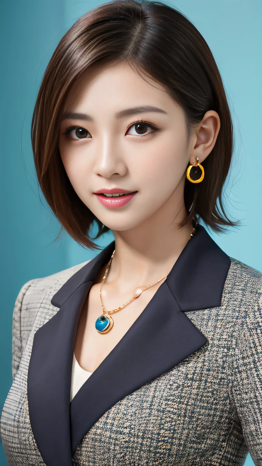 RAW Photos, High resolution, Very detailed, Intricate details, 、ear piercing、smile、short hair、Black Hair、Open your mouth a little、Clear beauty,(High quality fabric, Office Lady Suits 、Necklace around the neck、, The background is the office
