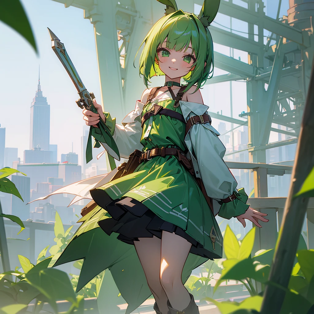 (long Green rabbit ears), green animal ears, (1 girl), green hair, green eyes, bob cut, thin eyebrows, smiling, young, alone, Lolita, childhood, short, blouse, coat,choker, long boots, red hood, harness, fingerless globe, belt, waist pouch, in the city, cafe, , baby