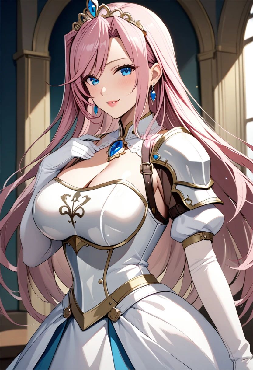 ((masterpiece)), Highest quality, Very detailed,(One Girl),charlotte_hazelrink, pink hair, long hair, Blue eyes, large breasts, dress, gloves, jewelry, Cleavage, Princess,elbow gloves,tiara,brooch,white gloves、Adult female、thin、so beautiful、Beautiful Face、(((Blue and white armor、breastplate、Shiny Armor:1.2)))、Has a bow、Gold earrings、pink hair, long hair, Blue eyes, Pink Lips、whole body