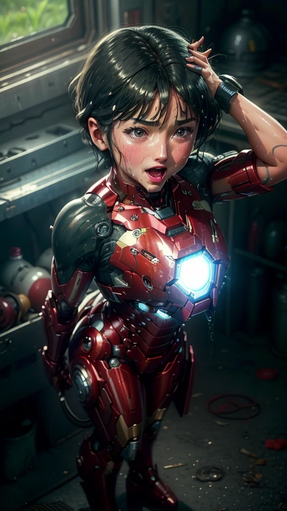 Highest quality　8k Iron Man suit girl　Elementary school girl　Sweaty face　cute　short hair　boyish　Steam coming out of my head　My hair is wet with sweat　The feel of black hair　Full body portrait　Ecstatic expression　Drooling dripping from the mouth　look up　bare hands