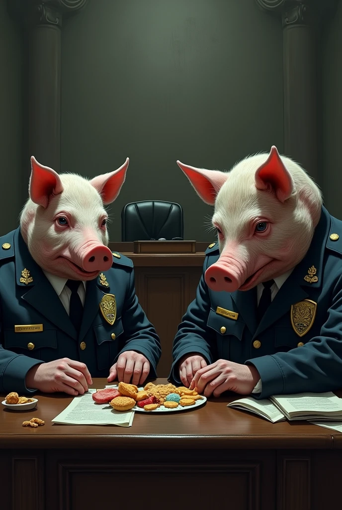 Viñeta 4: Total CorruptionImage: Pigs and humans sitting together, playing cards and laughing.
Text: "Pigs and humans unite, symbolizing the complete corruption of the ideals of rebellion."