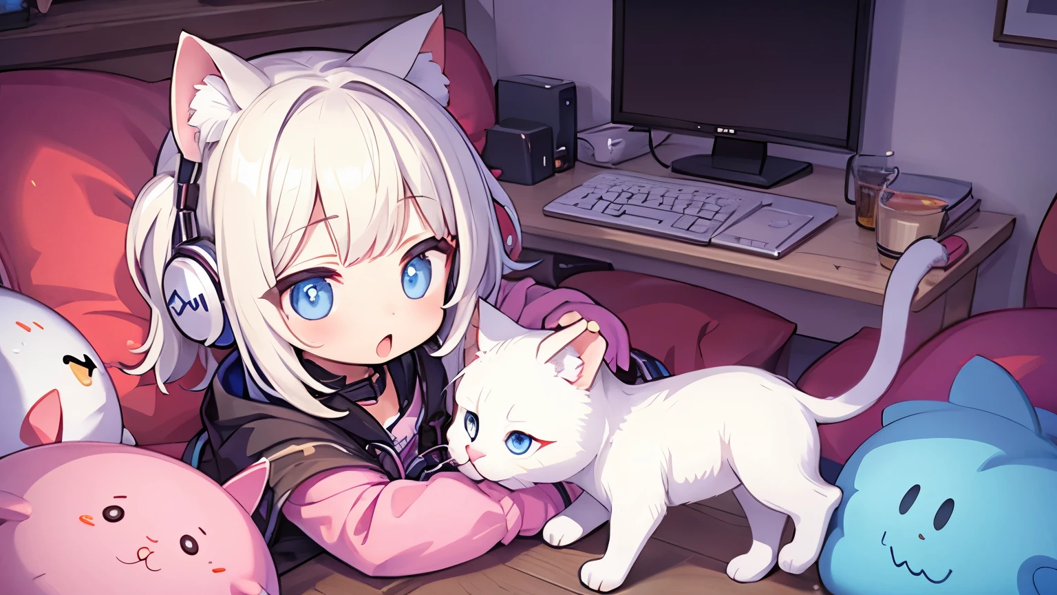 masterpiece,Cute girl and real kitten, music、headphone
