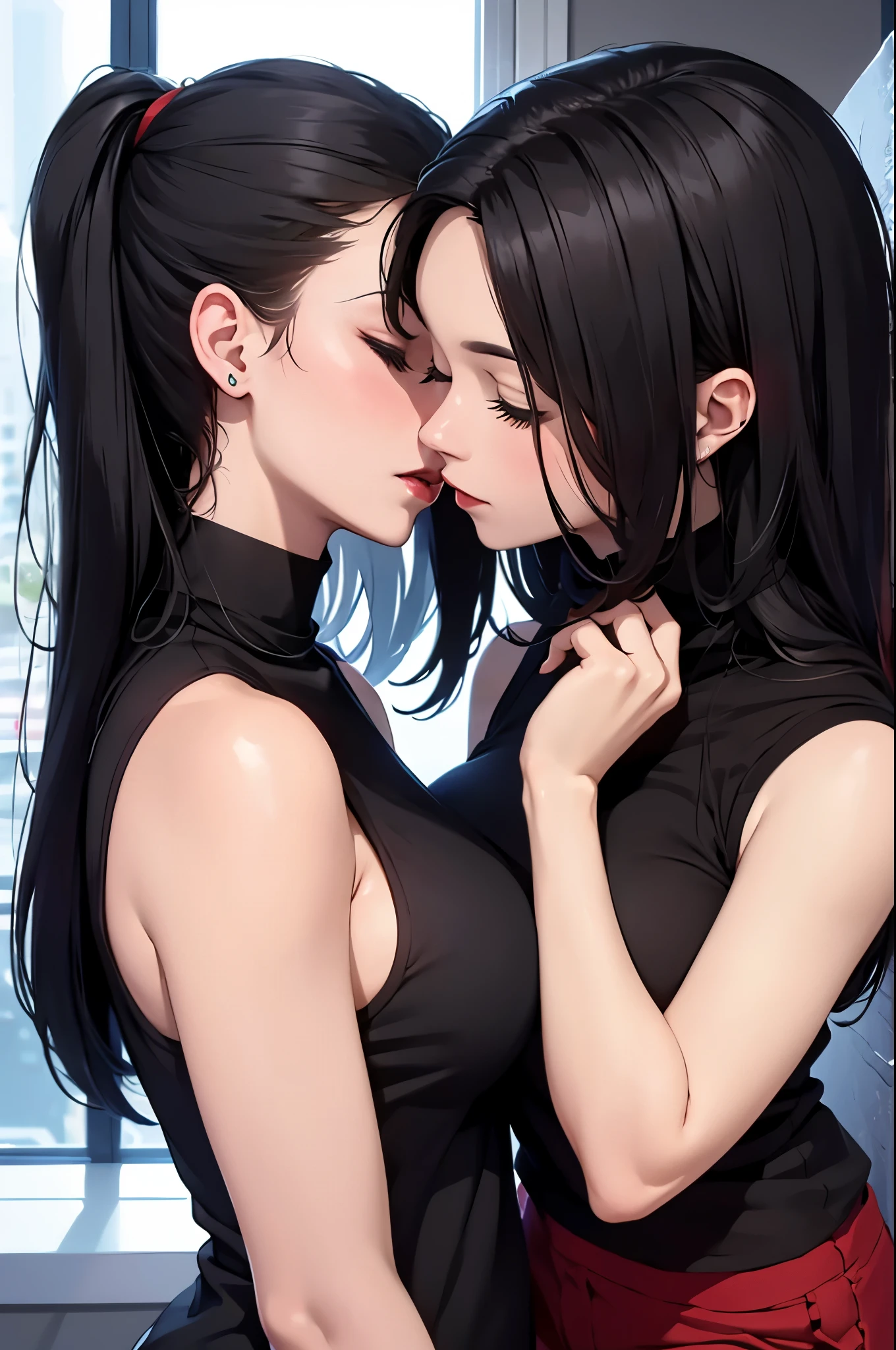 Two woman's hot kiss, sleeveless turtleneck shirt and elastic shorts, red lips, woman left, black hair; woman rigth, red hair, closed eyes, orgasm, fingers --style realistic-imagine -