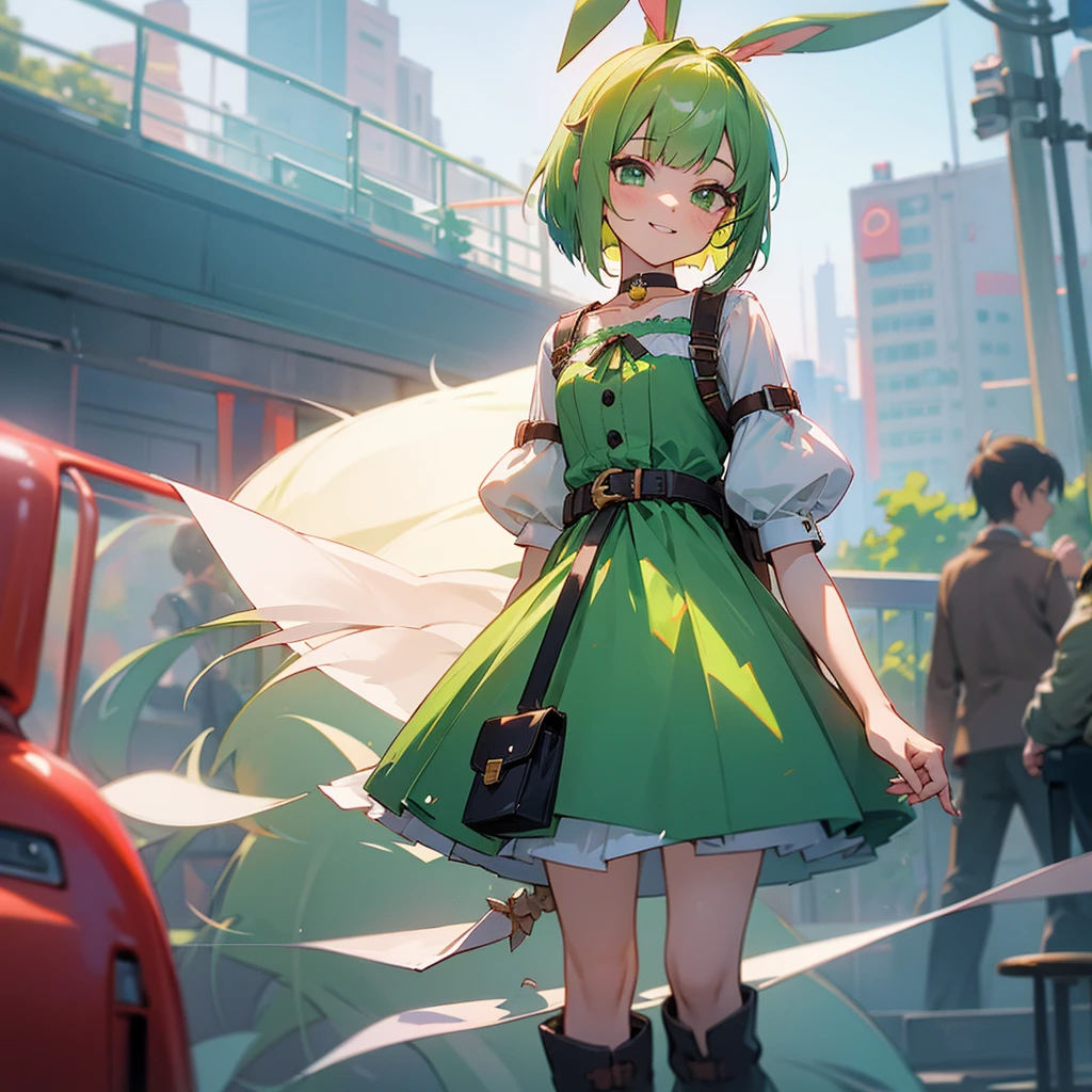 (long Green rabbit ears), green animal ears, (1 girl), green hair, green eyes, bob cut, thin eyebrows, smiling, young, alone, ****ta, childhood, short, blouse, coat,choker, long boots, red hood, harness, fingerless globe, belt, waist pouch, in the city, cafe, tiny, baby face, pastel academia, cel anime