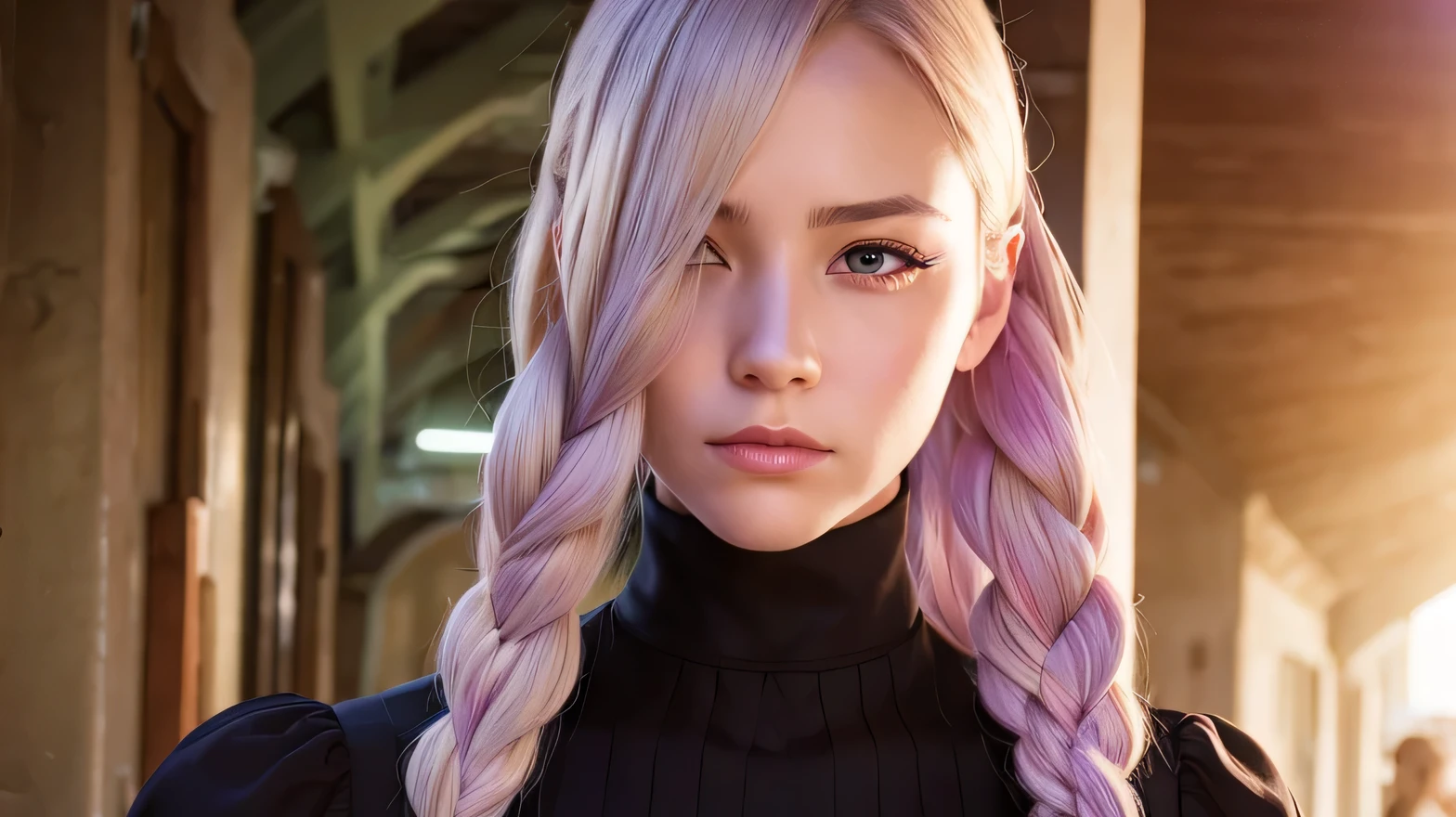 (((ultra realistic))), photo, masterpiece, best quality, trending on artstation,,meimei, mei mei, long hair, very long hair, braid, (hair over one eye:1.5), braided ponytail, one eye covered, braided bangs, (purple eyes:1.1), BREAK long sleeves, dress, puffy sleeves, black dress, juliet sleeves, turtleneck dress, BREAK looking at viewer, upper body, full body, BREAK outdoors, shrine, BREAK (masterpiece:1.2), best quality, high resolution, unity 8k wallpaper, (illustration:0.8), (beautiful detailed eyes:1.6), extremely detailed face, perfect lighting, extremely detailed CG, (perfect hands, perfect anatomy),
