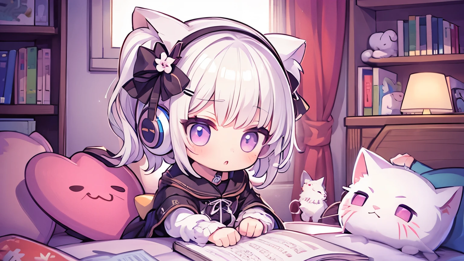 masterpiece,Cute girl and real kitten, music、headphone