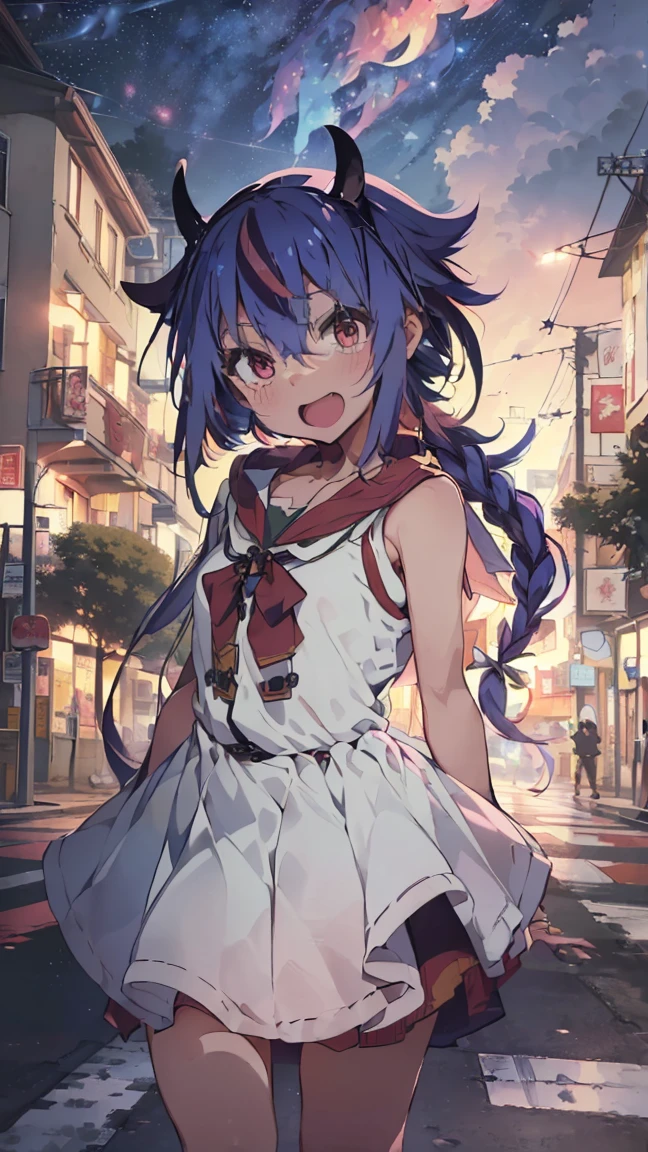 masterpiece, Highest quality, High resolution, Very detailed,(((Mikoto Naruka))), (((smile)))、(((Standing in the distance))), (((White Dress))), (((rooftop))), (((handrail))), (((Streetscape))), (((night))), (((Holding the hem。))), (((Panty shot))), (((White underwear))), (((Multicolored Hair))), (((horn))), (((Pink Eyes)))