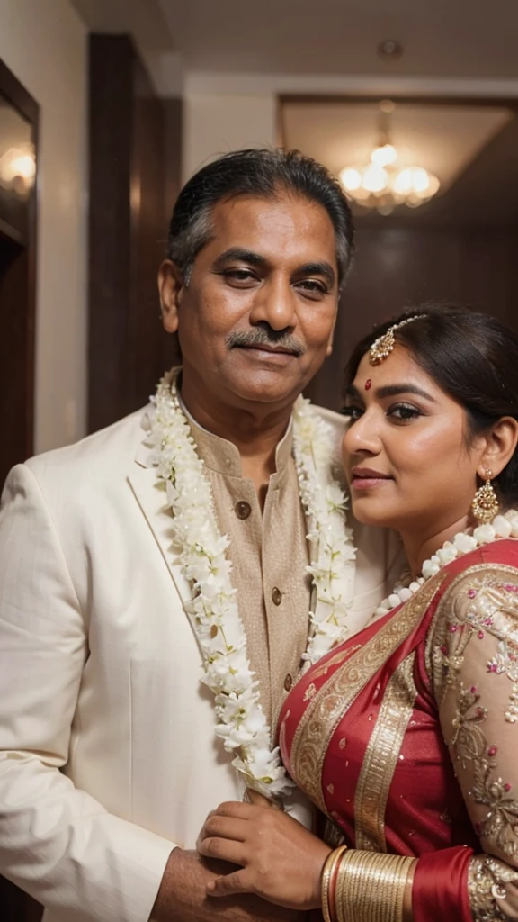 a beautiful South Indian 25 year old plus sized teacher (wearing cream colour silk saree and bra) in a office, affectionately hugging a 60 year old man, full body image