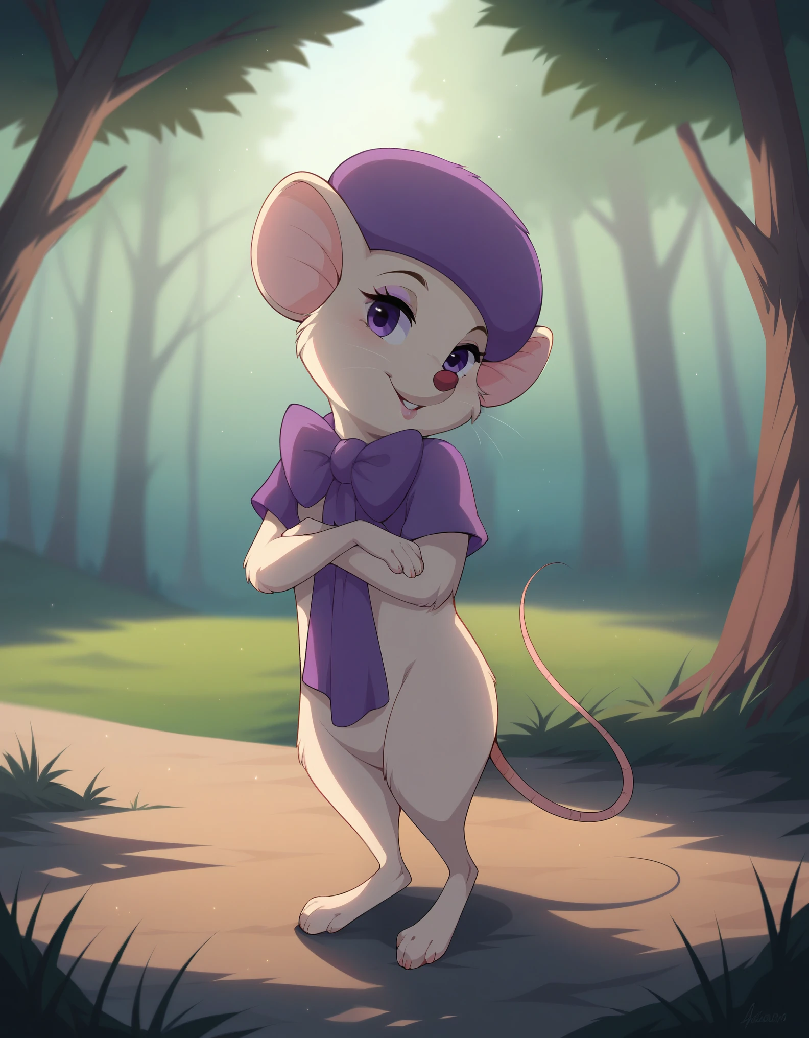 score_9, solo, bianca, hat, mouse, tail, outdoors, natural lighting