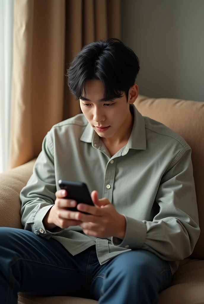 There is a young man sitting on a sofa with a cell phone, Una imagen inspirada en Jeonseok Lee, tumblr, realismo, Cai Xukun, jungkook, Hyung Tae, Jinyoung Shin, Taejune Kim, Wan adorable cara coreana, young wan angel, Foto de perfil de la foto de cabeza, 1 7 years - child of thin face age, Yoongi de pelo negro, Hong June Hyung
