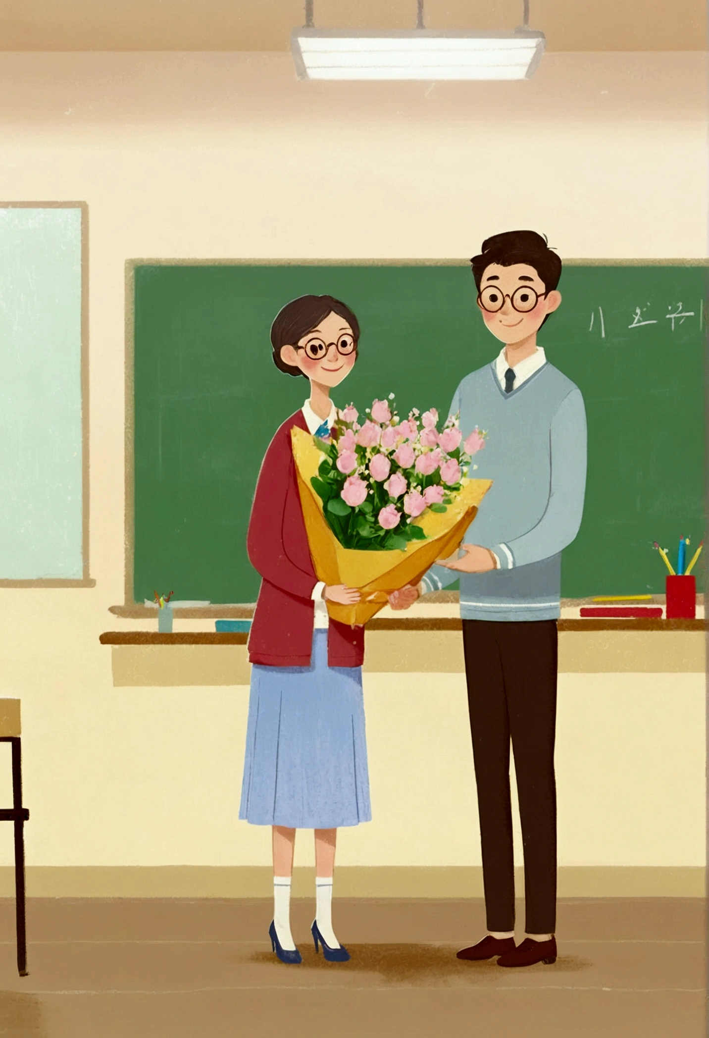 he  is holding flowers in his hands and giving them to a female teacher with short hair and glasses in the classroom. The female teacher is holding a textbook in her hand, very happy, wearing a light blue skirt, elegant figure, new Chinese style,Full Length Shot, 4K, Soft illumination