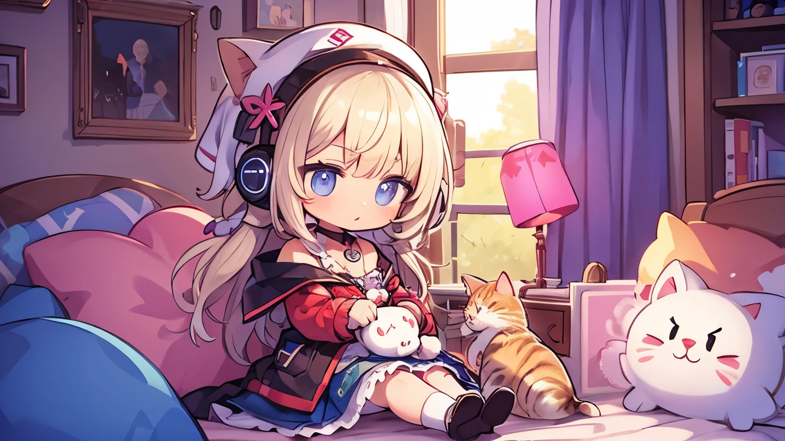 masterpiece,Cute girl and real kitten, music、headphone