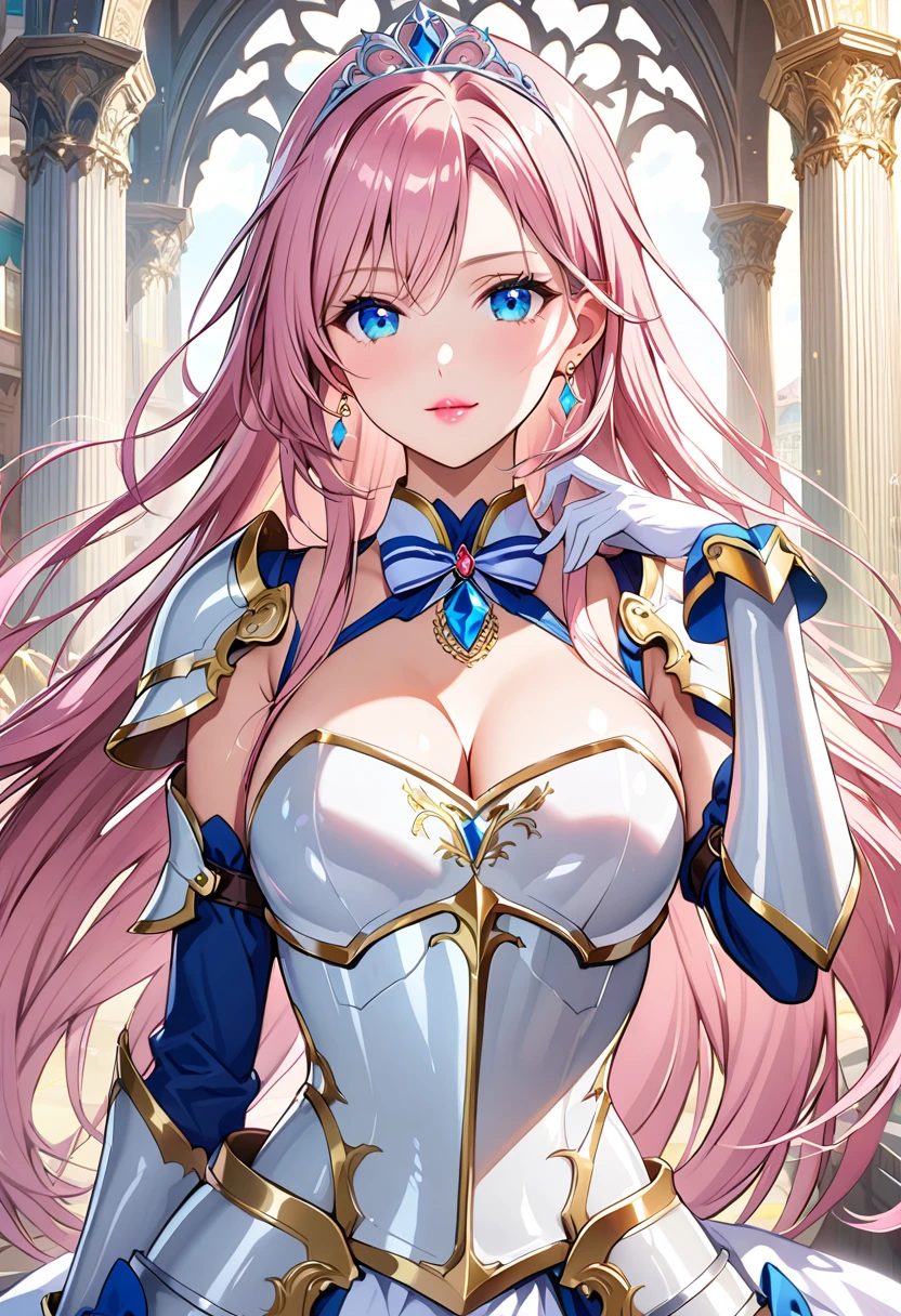 Highest quality、Very detailed、High resolution illustrations、Ultra-high-definition CG、８k size wallpaper、(One Girl),charlotte_hazelrink, pink hair, long hair, Blue eyes, large breasts, dress, gloves, jewelry, Cleavage, Princess,elbow gloves,tiara,brooch,white gloves、Adult female、thin、so beautiful、Beautiful Face、(((Blue and white armor、breastplate、Shiny Armor:1.2)))、Has a bow、Gold earrings、pink hair, long hair, Blue eyes, Pink Lips、whole body