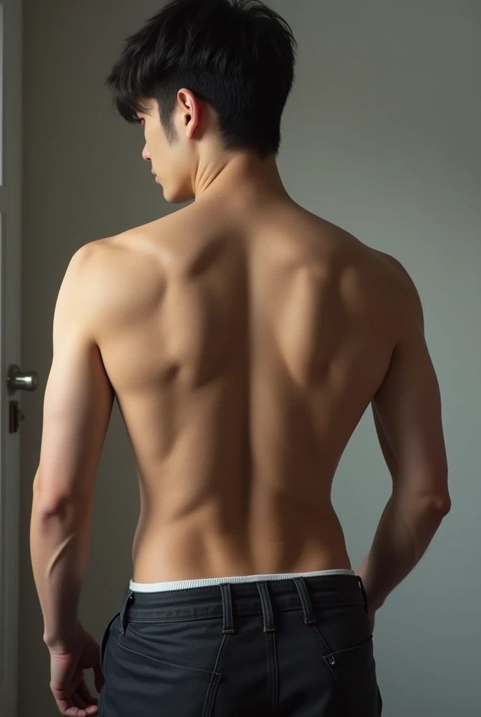 masterpiece, a high resolution, (Male focus), (1 boy, slim, 20 years, Spanish, , short hair, Brown hair, bedroom), mini shorts exposed ass, Torn edges, torn on the buttocks, , looking back, Curious, Close-up, 8K, HDR