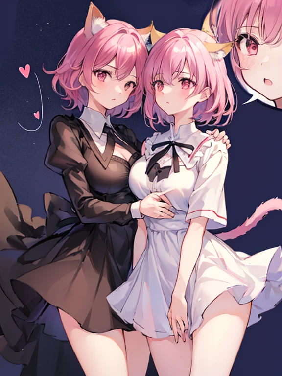 ((2girl),(yuri),(Stare deeply into each other's eyes)),  (masterpiece,best quality,high-resolution,detailed fingers,detailed hands,detailed eyes,detailed legs:1.5), (Anatomically correct number of limbs),  (long hair,short hair,pink and red hair), (big breasts),((clothed),(black clothed),(cat ears)), ((orgasm), (spoken heart)),((classroom),(twilight sky))