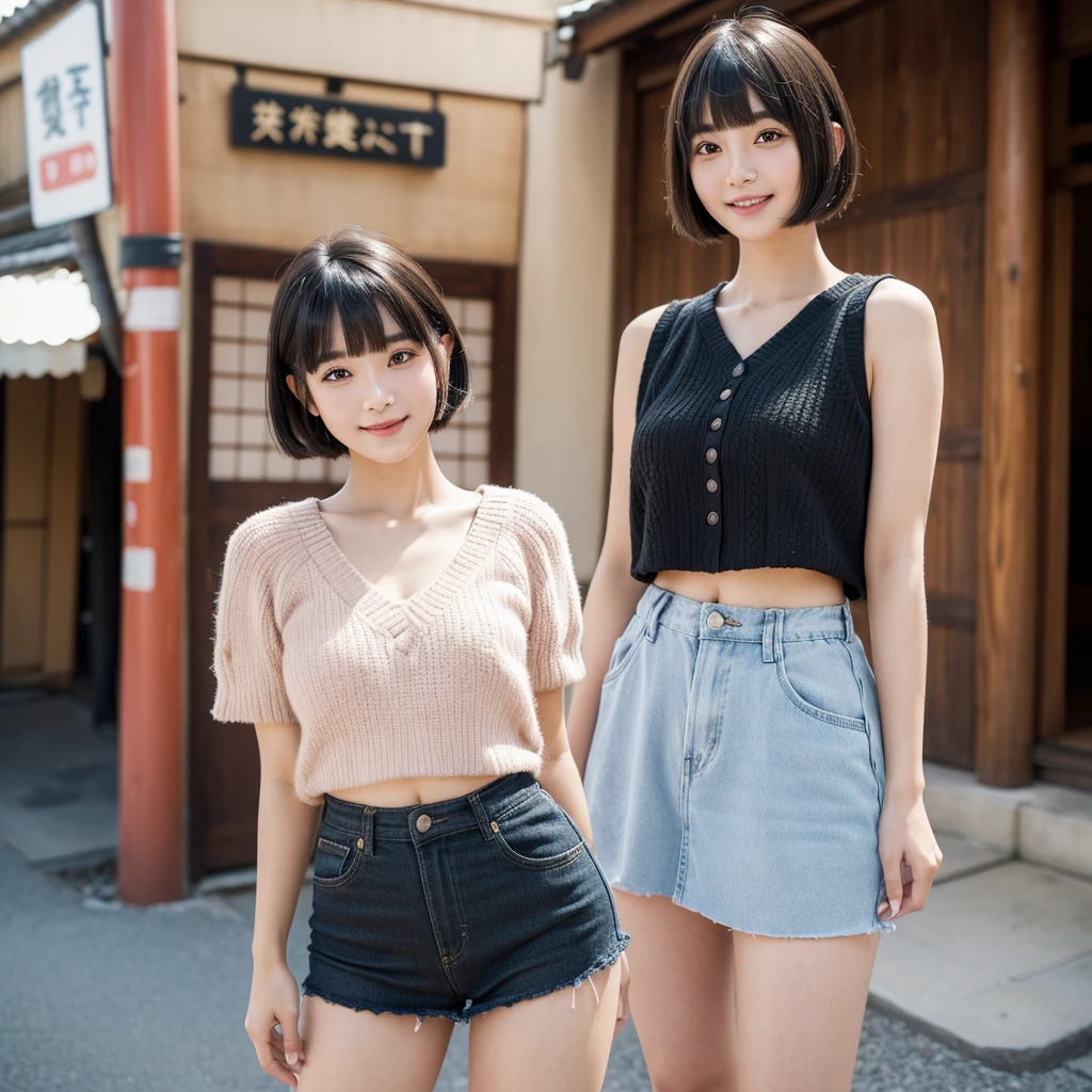 One Japanese woman、Big eyes and round face、Big Laugh、Short Hair、Large breasts、sunlight、Full Body Shot、White tank top、Short jeans、White platform sandals