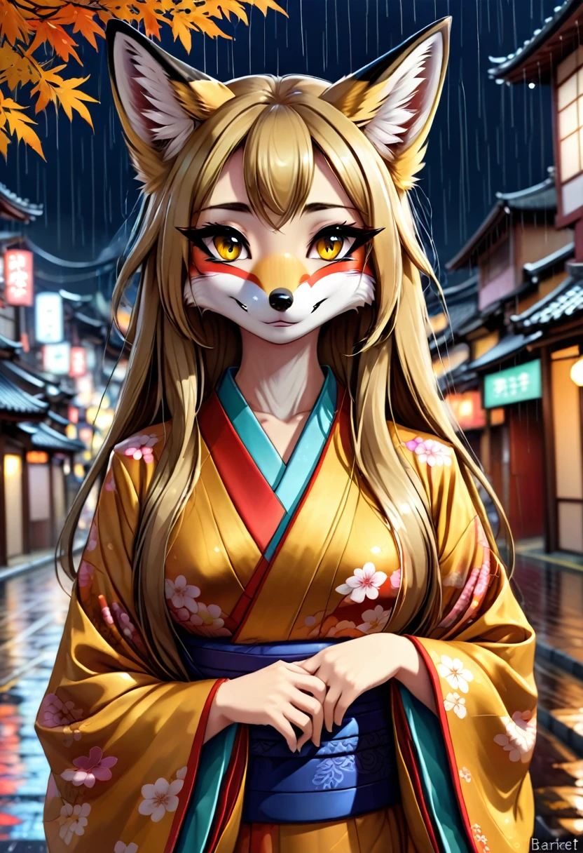 Rich girl in a poor town, cute, slender, beautiful, long flowing hair, hazle eyes, Barnett hair, silk kimono fall colors, october, rain, 9pm, fox mask on head, an expression of awe.