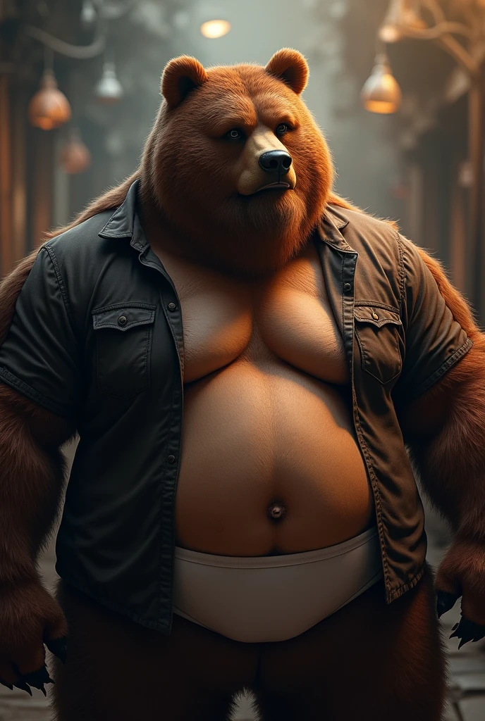 Anthropomorphic male bear with a big spherical gut