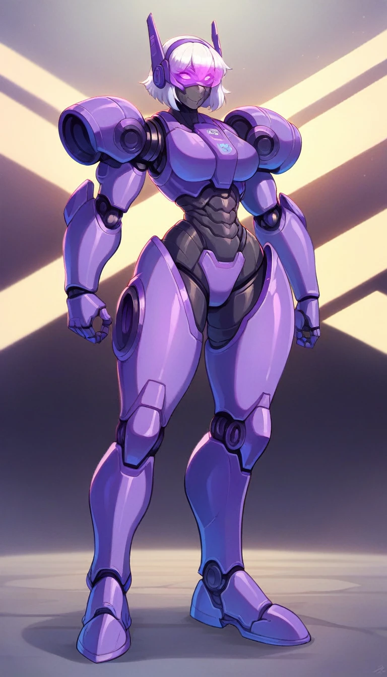 1girl, long white hair, full body, futuristic ultra-tech armor, sleek design, chrome and metallic finish, glowing neon blue and violet lines, advanced tech panels and circuits, front view, confident stance, high-tech visor, glowing eyes, energy pulsating from joints and spine, 4K, ultra HD, sci-fi setting, advanced weaponry and propulsion systems integrated into the suit, no medieval elements, highly detailed