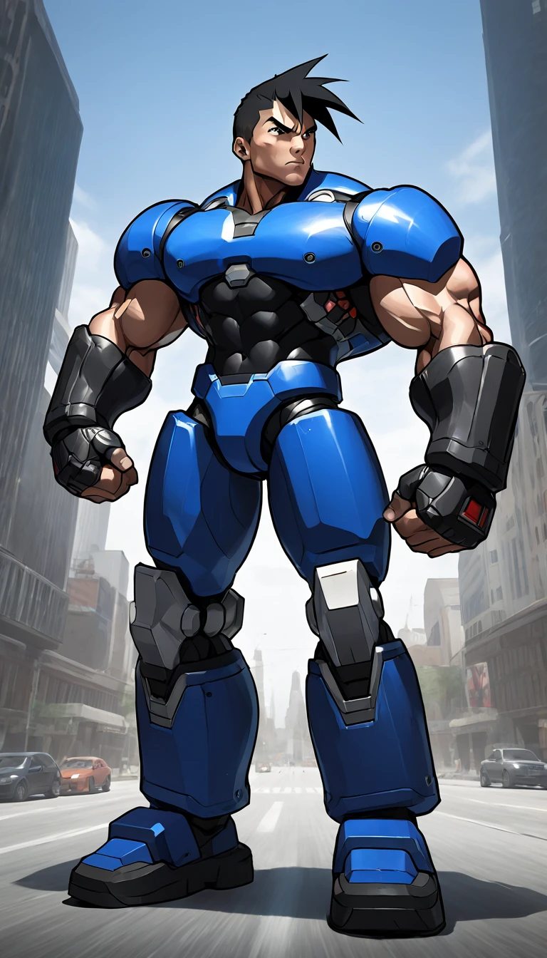 Shorts,Anatomically correct, (((8k resolution))),Bodybuilder-like muscles,Black shirt,Huge muscles,A roar of strength,cyborg,m3g4m4n,Blue Armor,Black Hair,