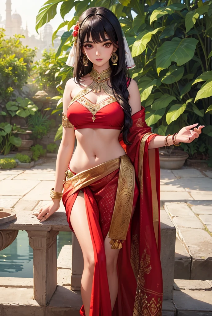 A beautiful young woman open cleavage pink royl silk dhoti,(micro short cloths),the image showcases her entire body.((gold and red details on cloths)),opened mouth , sexy face exprestion, beautiful fantasy world background,full length body,adorned chrome jewelry,wide hips,beautiful queen,colourful flowers,mysterious water pond,fantasy dramatic background,she sat on beautiful grass romantically