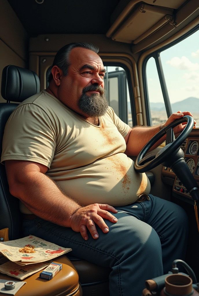 masutepiece,High quality,Highly detailed,intense scene, solid, Gritty reality setting for 50 year old sexy fat bearded man,full of sweat,Full body,Big belly,((Wearing a white shirt and white trunks)),Stunned face,Open the legs,In the darkness, 60-year-old truck drivers kissing, boca na boca, olhos fechados apaixonados, corpos gordos, full-bodied truck driver on the left, wearing a messy mustache and wavy hair, White stubble and truck driver, jeans, No meio, vestindo uma camisa xadrez vermelha aberta, corpo grande, forte, barriga robusta vestindo shorts verdes, cabelo cortado nas laterais e cravado por cima, Truck driver on the right has a fat body and a very hairy chest of very large body; Black pants with hairy stomach open at bottom, a huge red and black road truck ((( em um beijo apaixonado))), (((peitoral muito peludo))), tatuados, (((barriga grande))), (rosto detalhado:1.3), (hyper-realistic:1.3), (((fabrica abandonada e suja))), 8k