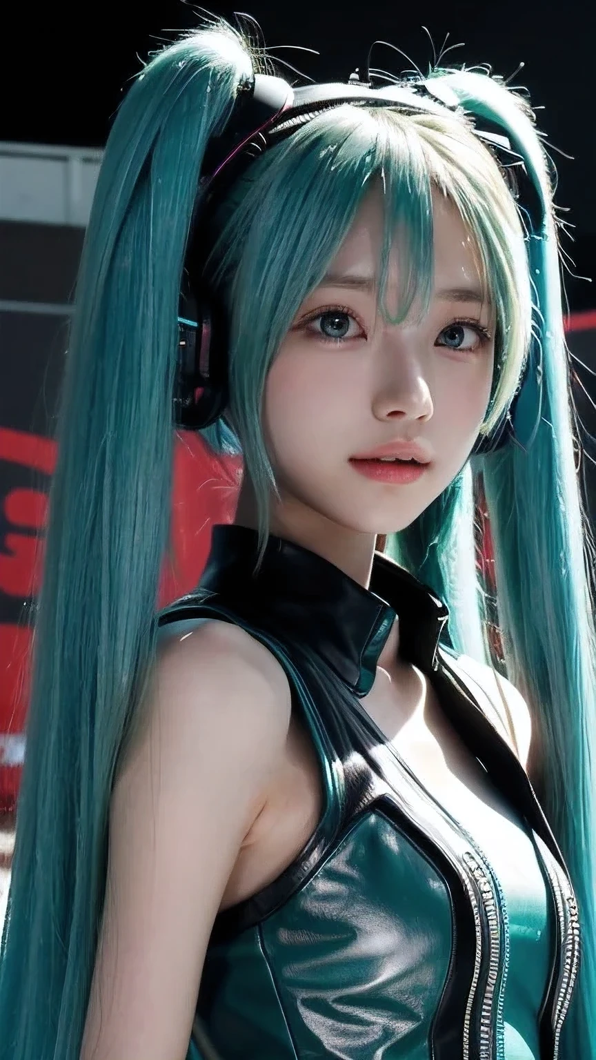 (hatsune miku)It takes place against the backdrop of an urban area.&#39;Night view.、((Highest quality、Realistic、Reality、masterpiece：1.3))Highly detailed eyes and face, Beautiful and detailed nose, Beautiful attention to detail,Highly detailed face and skin texture、Microparticles、double eyelid、(Big eyes)、Looking into the camera、Moisturizing the skin、Glowing Beautiful Skin、Big Breasts、((Face Focus))、Cleavage、(profile)、(Sexy Face)、、Small face
