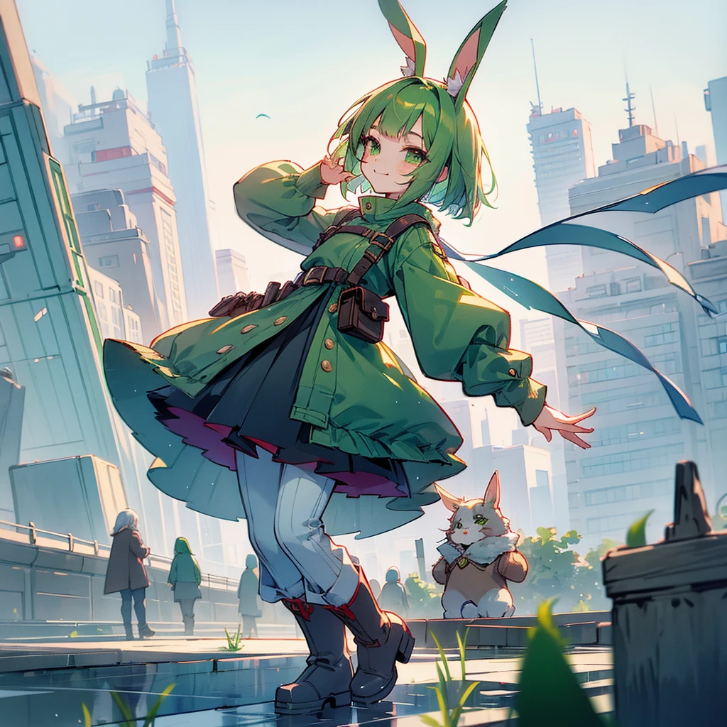 (long Green rabbit ears), green animal ears, (1 girl), green hair, green eyes, bob cut, thin eyebrows, smiling, young, alone, Lolita, childhood, child, short, overall, coat, long boots, red hood, wide pants, harness, fingerless globe, belt, waist pouch, in the city, tiny, baby face, pastel academia, cel anime