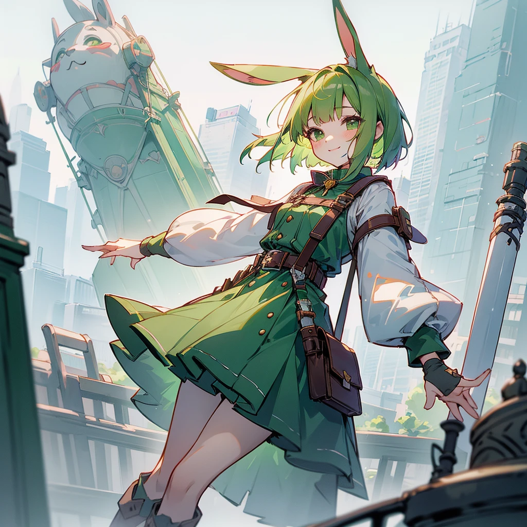 (long Green rabbit ears), green animal ears, (1 girl), green hair, green eyes, bob cut, thin eyebrows, smiling, young, alone, ****ta, childhood, child, short, overall, coat, long boots, red hood, wide pants, harness, fingerless globe, belt, waist pouch, in the city, tiny, baby face, pastel academia, cel anime