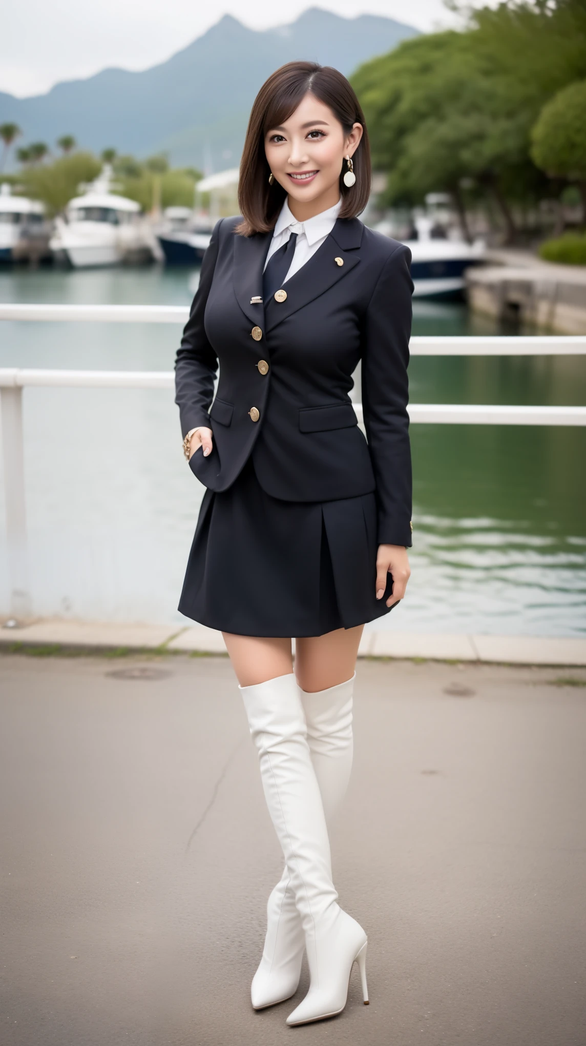 (Brunette middle hair),(Heavy makeup),(Mature Japanese MILF,Tanned skin):1.2,8K,Tempting smile,((Big breasts:1.2)) ,a small face,Nikon Z 85mm, ((Best Quality)) ,((masterpiece)), intricate details, Professional, Photorealistic.((White,Buttoned business suit with buttoned inner shirt,Tight Mini Skirt)):1.2,(Standing at the harbor of resort island):1.2,Luxury earring and necklace,(White,Slim leather knee boots with stiletto heels,Pointed toe):1.2,Full body shot:1.2