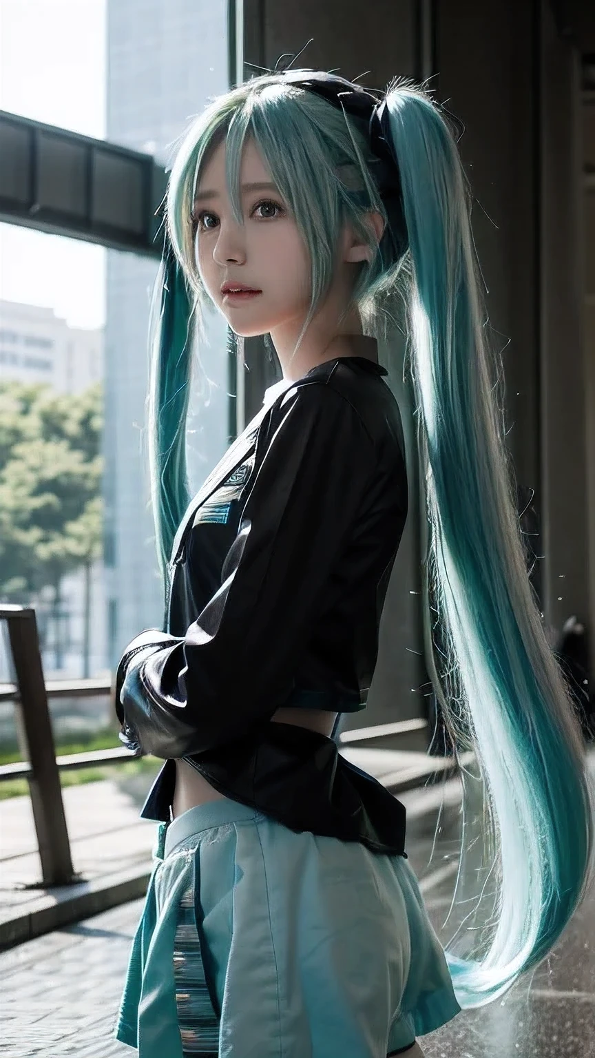 (hatsune miku)It takes place against the backdrop of an urban area.'Night view.、((Highest quality、Realistic、Reality、masterpiece:1.3))Highly detailed eyes and face, Beautiful and detailed nose, Beautiful attention to detail,Highly detailed face and skin texture、Microparticles、double eyelid、(Big eyes)、Looking into the camera、Moisturizing the skin、Glowing Beautiful Skin、Big Breasts、((Face Focus))、Cleavage、(profile)、(Sexy Face)、、Small face