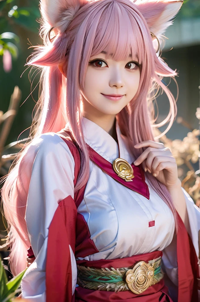 masterpiece, rich colors, Best quality, detailed, high resolution, high quality, high detail, thin sexy goddess Yae Miko , Five-tailed celestial kitsune, purple eyes, ((long pink hair)), pink pubic hair, ((bald tail)), ((very small fluffy fox ears)), kimono, smile, seduction, bright lighting , green eyes, anime, palm trees, beach, bright lighting, ((ROW фотография)),