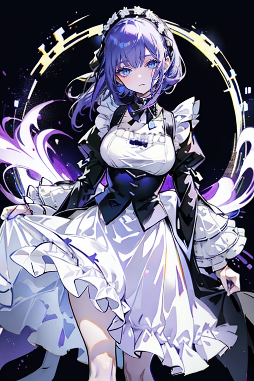 Beautiful face, beauty, white skin, purple-blue eyes, short purple-blue hair, hair covering her left eye, cute body, Cute waitress outfit, detailed black dress, white embellished apron, An ornate dress containing embellishments and bows, a castle maid's dress, black tie, castle background, Touka Kirishima, Tokyo Ghoul 