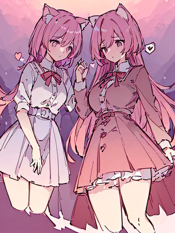 ((2girl),(yuri),(Stare deeply into each other's eyes)),  (masterpiece,best quality,high-resolution,detailed fingers,detailed hands,detailed eyes,detailed legs:1.5), (Anatomically correct number of limbs),  (long hair,short hair,pink and red hair), (big breasts),((clothed),(cat ears)), ((orgasm), (spoken heart)),((classroom),(twilight sky))