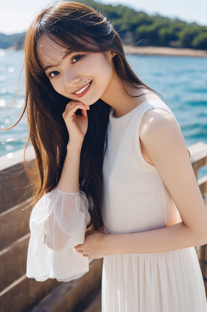 1 girl, (Wear a clean white summer dress:1.2), Very beautiful Japanese idol portraits, 
(RAW Photos, Highest quality), (Realistic, Realistic:1.4), (masterpiece), 
Very delicate and beautiful, Very detailed, 2k wallpaper, wonderful, finely, Very detailed CG Unity 8K 壁紙, Very detailed, High resolution, Soft Light, 
Beautiful detailed girl, Very detailed目と顔, Beautiful and sophisticated nose, finelyて美しい目, Cinema Lighting, 
(Fashion magazine photography:1.3), (Evening sea), (Beach illuminated by afterglow), (Sparkling sparkle on the ocean surface), (Deep red color scheme:1.4)
(Semi-long hair), (smile),
Complete Anatomy, Slender body, Small breasts, Cowboy Shot