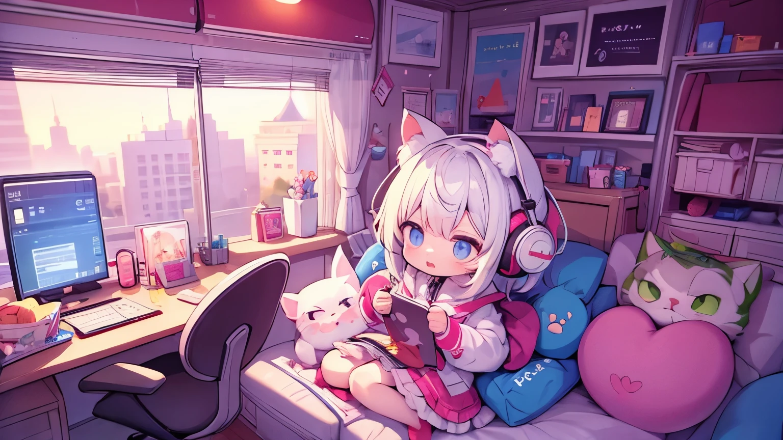 masterpiece,Cute girl and real kitten, music、headphone