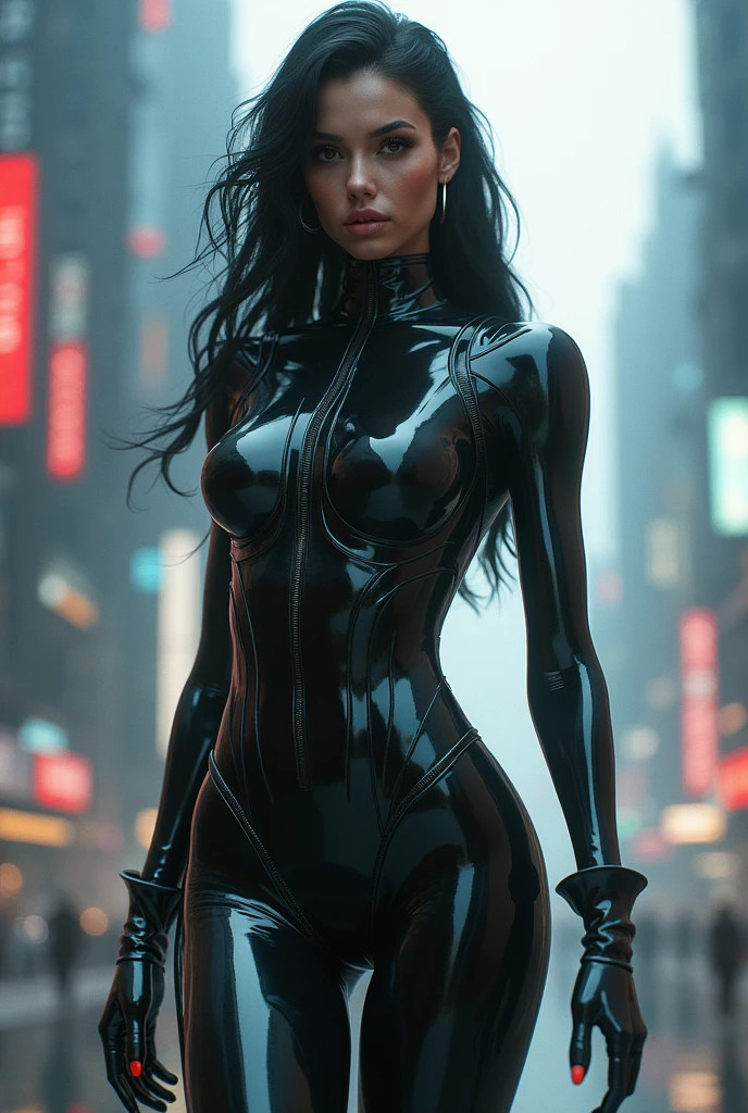 16 year old Jessica Lucas, ultra-detailed face, ((ultra detailed blue eyes)), (black latex suit, cat ears, mittens), night city, (((masterpiece)))