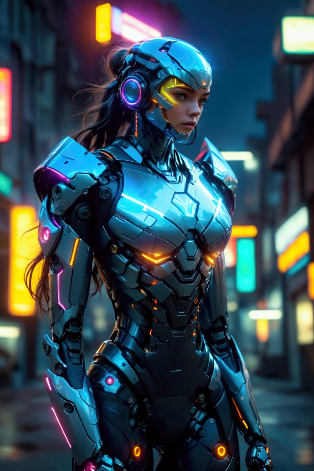 female mecha, closed cyberpunk helmet, superheroine, scifi, ultra-technological, robotic exoskeleton, neon lights, stealthy mode, Matte Black Metal, technomagic, magic, powerful, heroine fullbody pose, fullbody, cinematic lights, cinematic light and shadow effects, superheroes movie, photorealistic