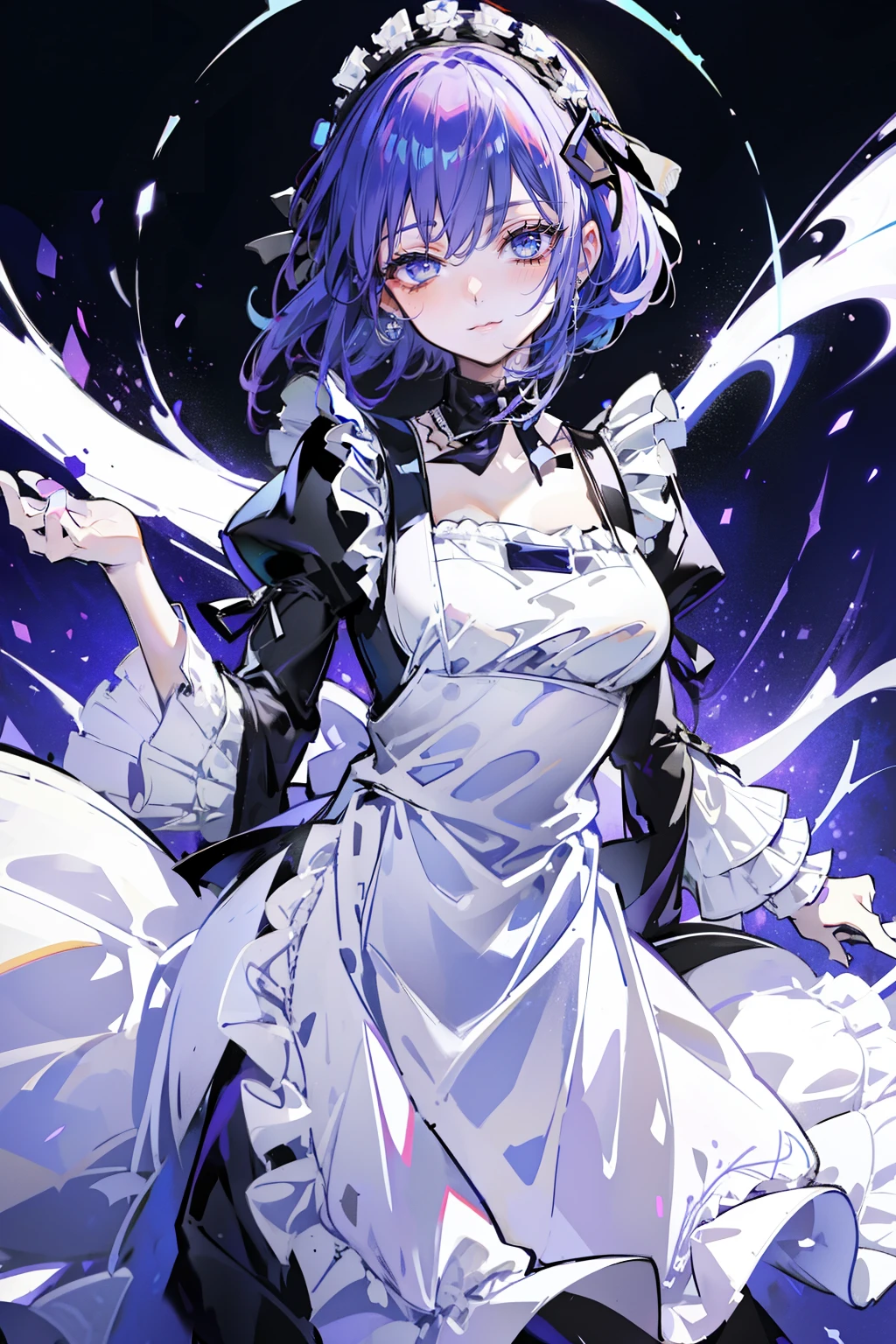 Beautiful face, beauty, white skin, purple-blue eyes, short purple-blue hair, hair covering her left eye, cute body, Cute waitress outfit, detailed black dress, white embellished apron, An ornate dress containing embellishments and bows, a castle maid's dress, black tie, castle background, Touka Kirishima, Tokyo Ghoul