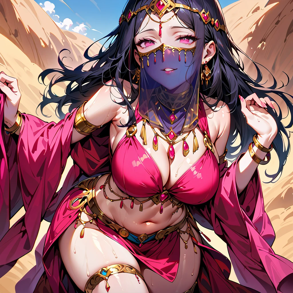 score_9, score_8_up, score_7_up, score_6_up, score_5_up, score_4_up, source_anime, 1girl, pale skin, black hair, long hair, red eyes, long eyelashes, expressionless, dancer, revealing clothes, mouth veil, shiny skin, sweat, large breasts, wide hips, curvy, (toned:0.8), looking at viewer, cowboy shot