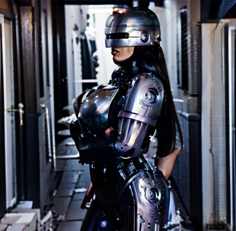 Back alley, female Robocop, big, busty, beautiful, tall, sexy body, wearing Robocop helmet, mouth open, full view