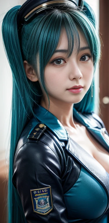 Close-up photo of a woman in a blue police uniform, Hatsune Miku,girl, Cleavage, beautiful south Korean women, Korean women, sakimichan, tits, she, Chubby, アジアのgirl, busty, ,  cyber punk, Gorgeous young man, bust, Security Guard,