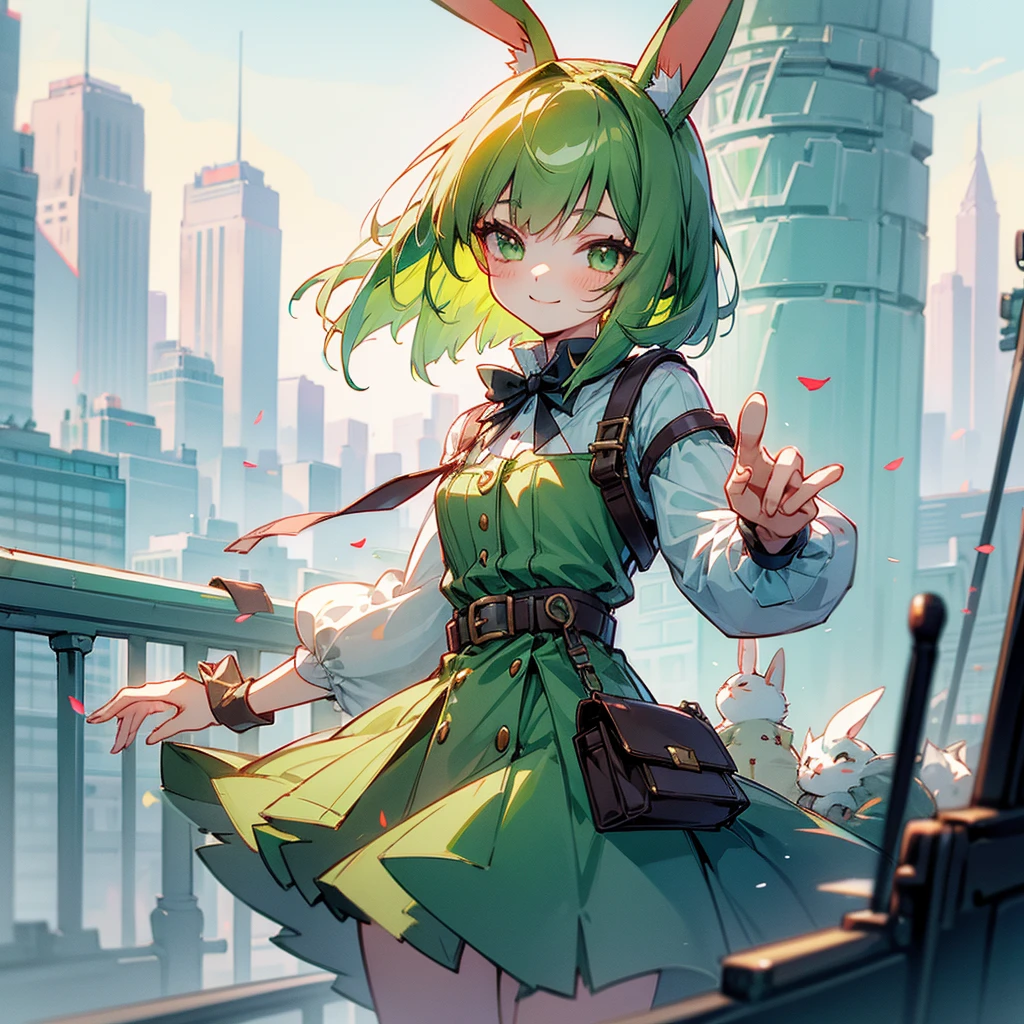 (long Green rabbit ears), green animal ears, (1 girl), green hair, green eyes, bob cut, thin eyebrows, smiling, young, alone, ****ta, childhood, child, short, overall, coat, red hood, harness, fingerless globe, belt, waist pouch, in the city, tiny, baby face, upper body, half body photo, pastel academia, cel anime