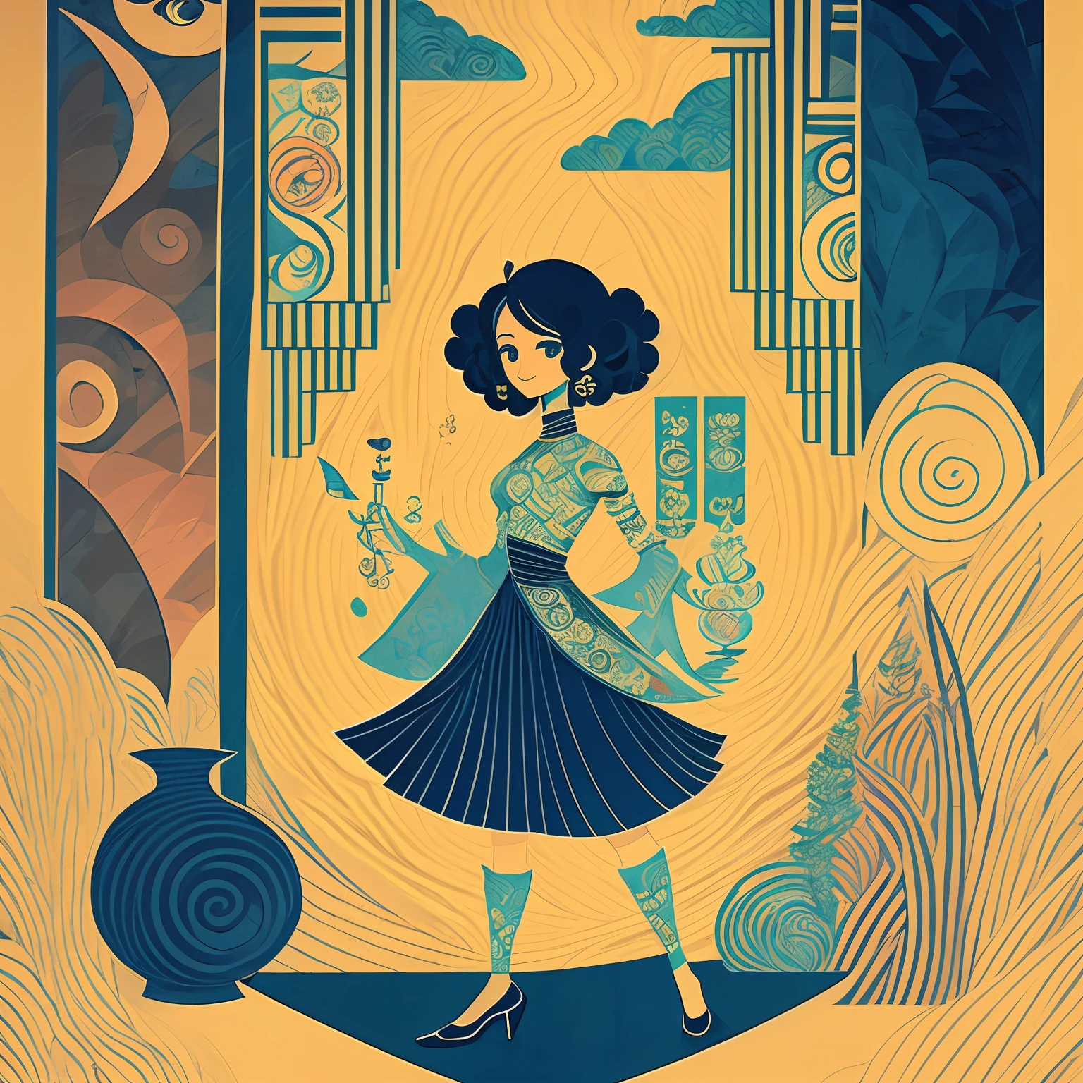 1 petite girl, tiny body, round face, curly hair, smile, drink sake, bar, advertising poster style, english title-logo, full length, shy pose, paul-klee: abstract style, George Barbier: Art-Déco style, Marc Chagall style,